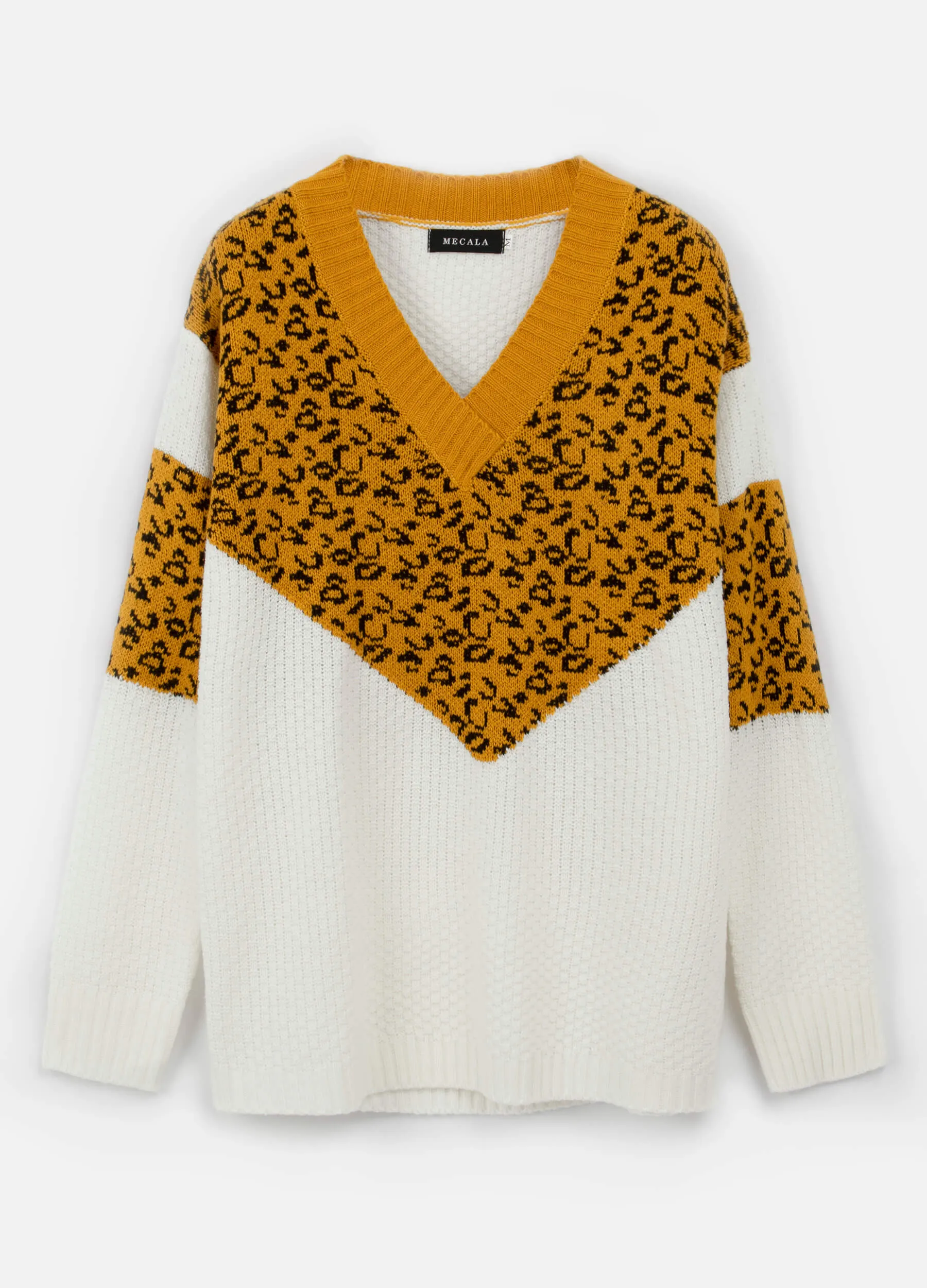 MECALA Women's Fall V-Neck Leopard Print Knit Pullover Sweater