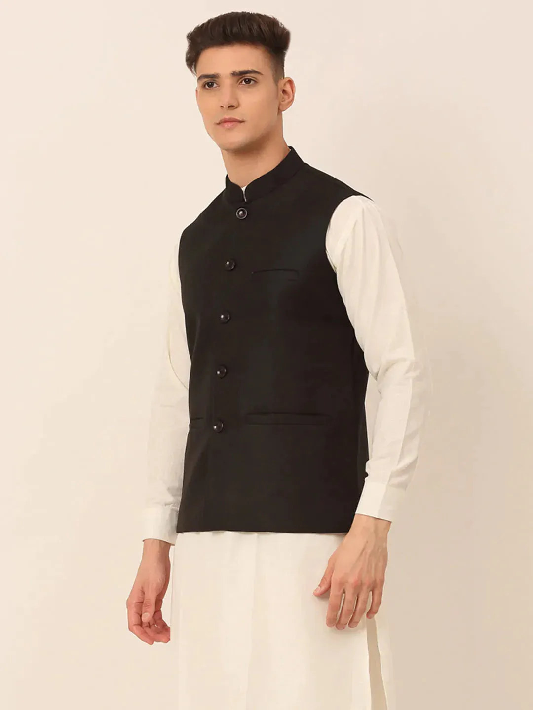 Men Black Solid Woven Sleeveless Nehru Jackets