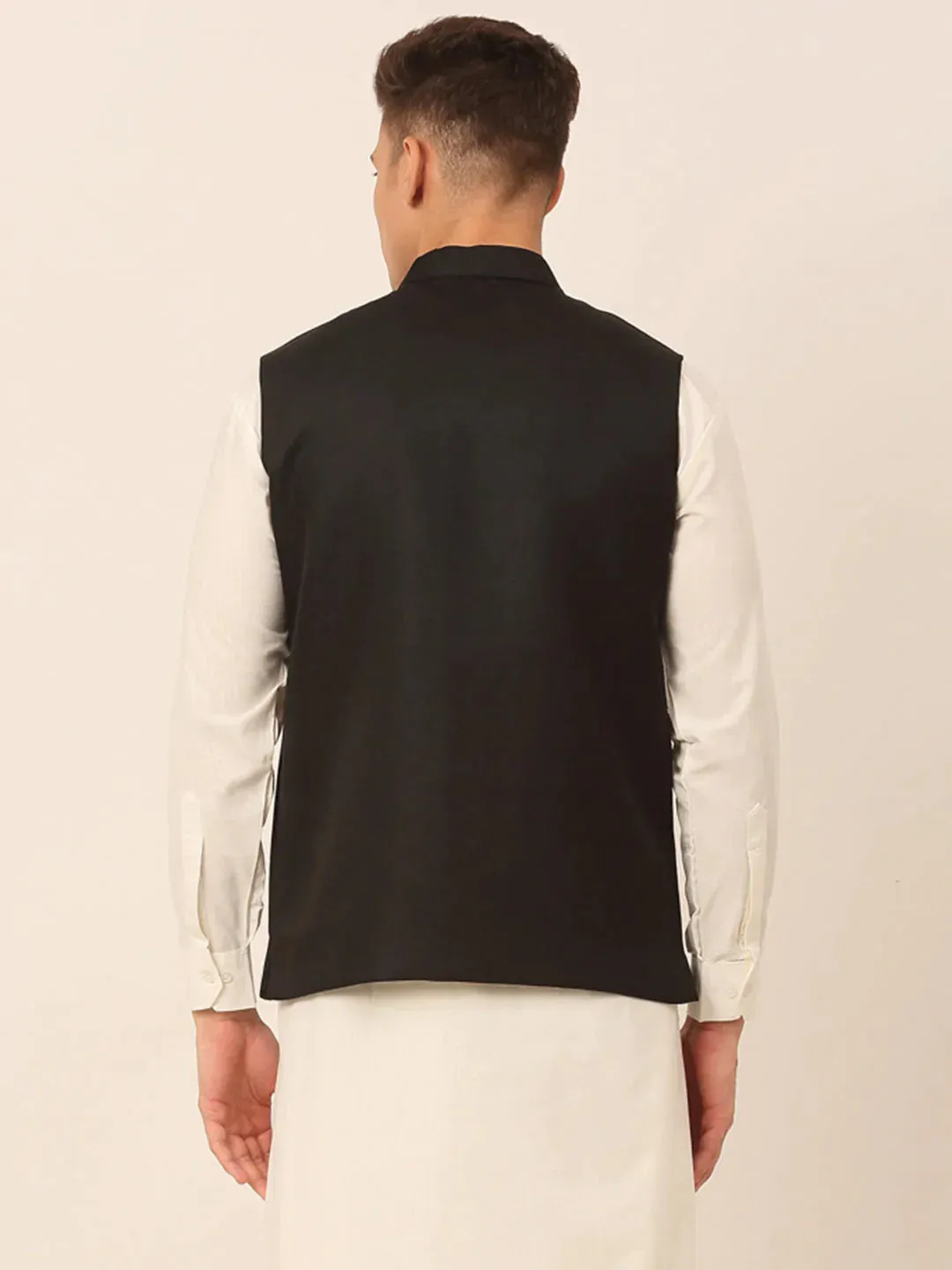 Men Black Solid Woven Sleeveless Nehru Jackets