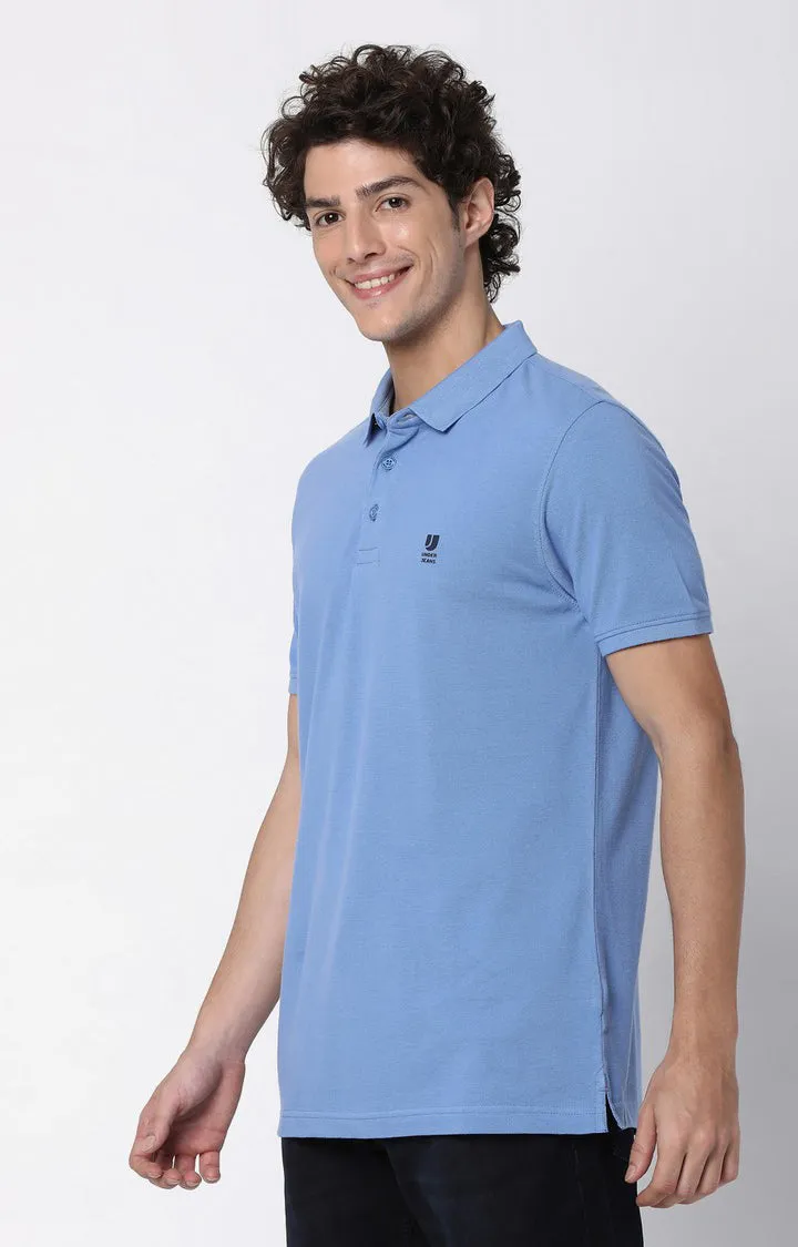 Men Premium Blue Cotton Polo T-Shirts - Underjeans By Spykar