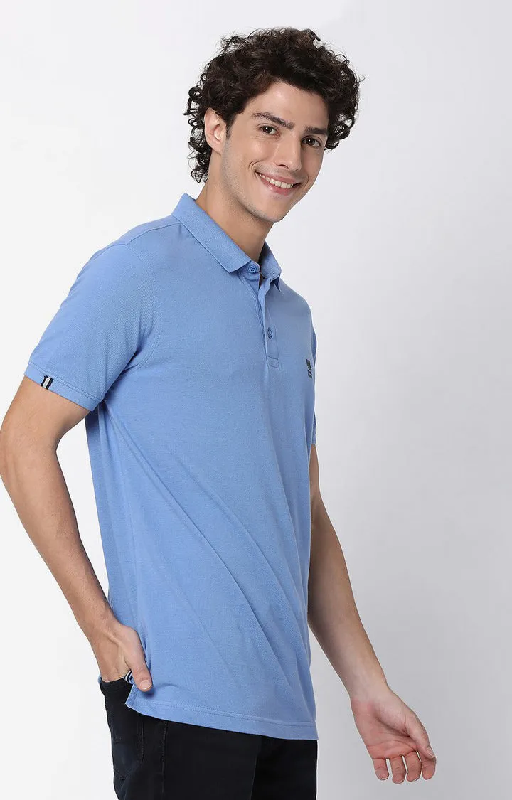 Men Premium Blue Cotton Polo T-Shirts - Underjeans By Spykar