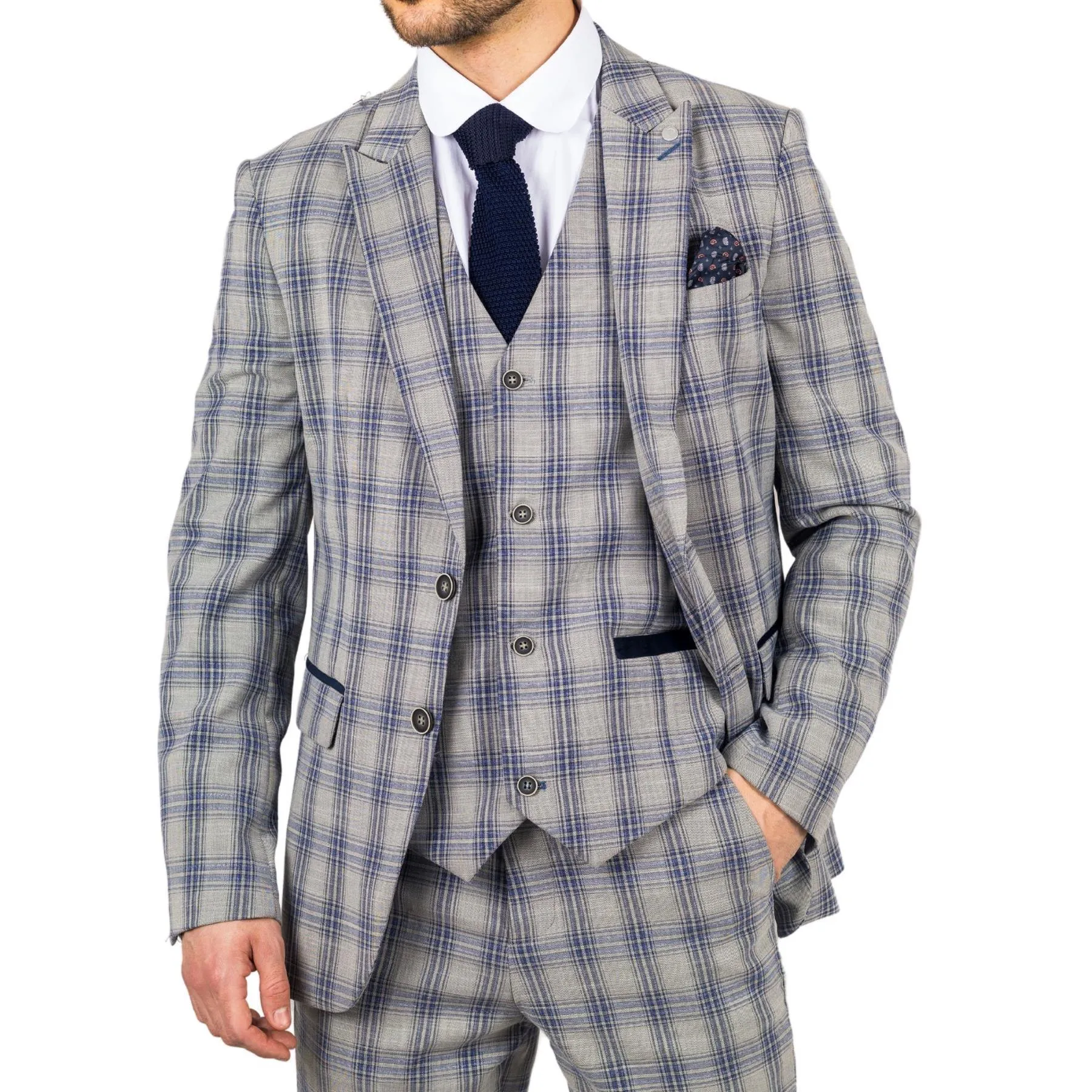 Men's Blazer Grey Blue Checked Classic Sport Coat Plaid Tailored Fit