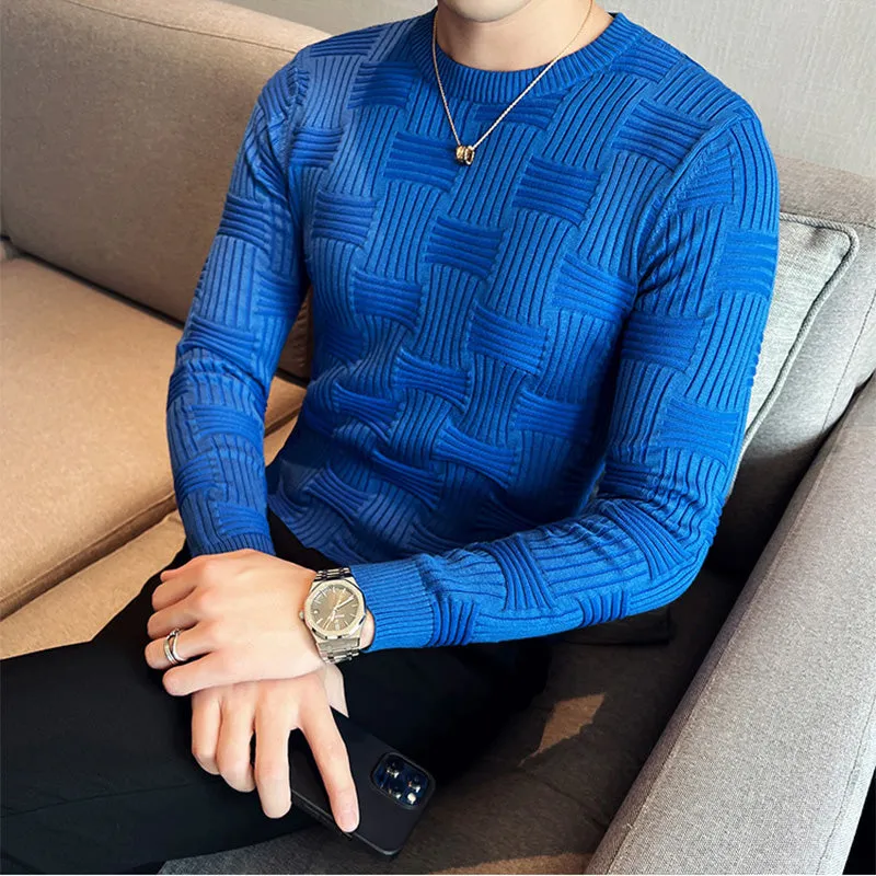 Men's Business Solid Color Striped Sweater Slim Fit Long Sleeve T-Shirt