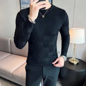 Men's Business Solid Color Striped Sweater Slim Fit Long Sleeve T-Shirt