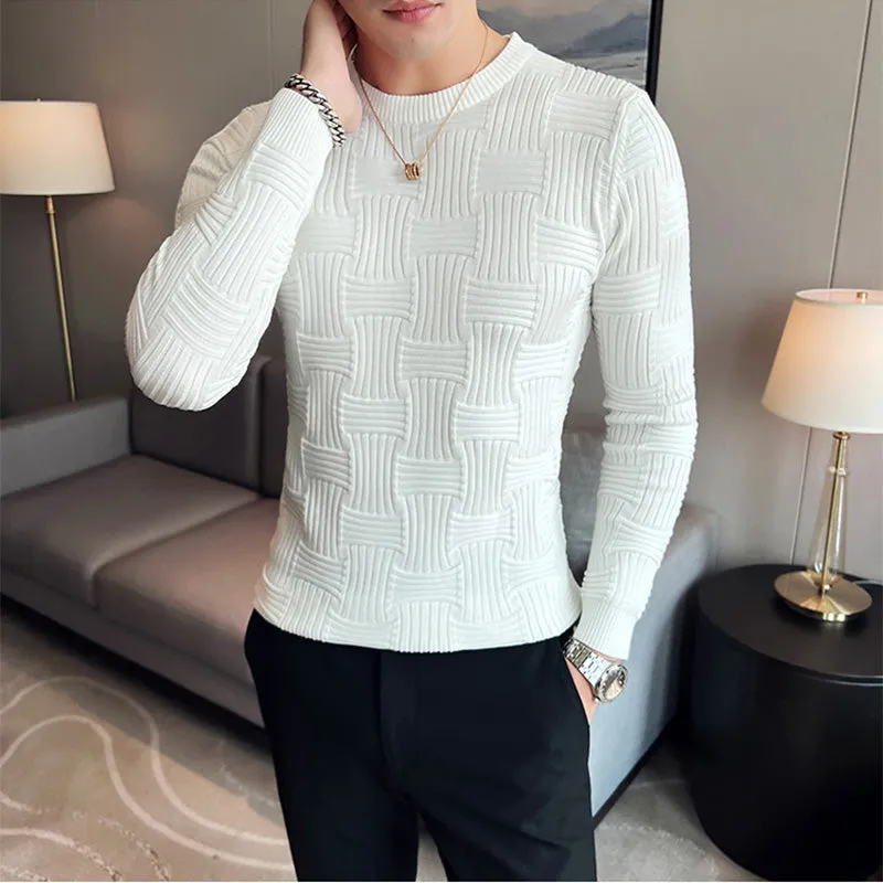 Men's Business Solid Color Striped Sweater Slim Fit Long Sleeve T-Shirt