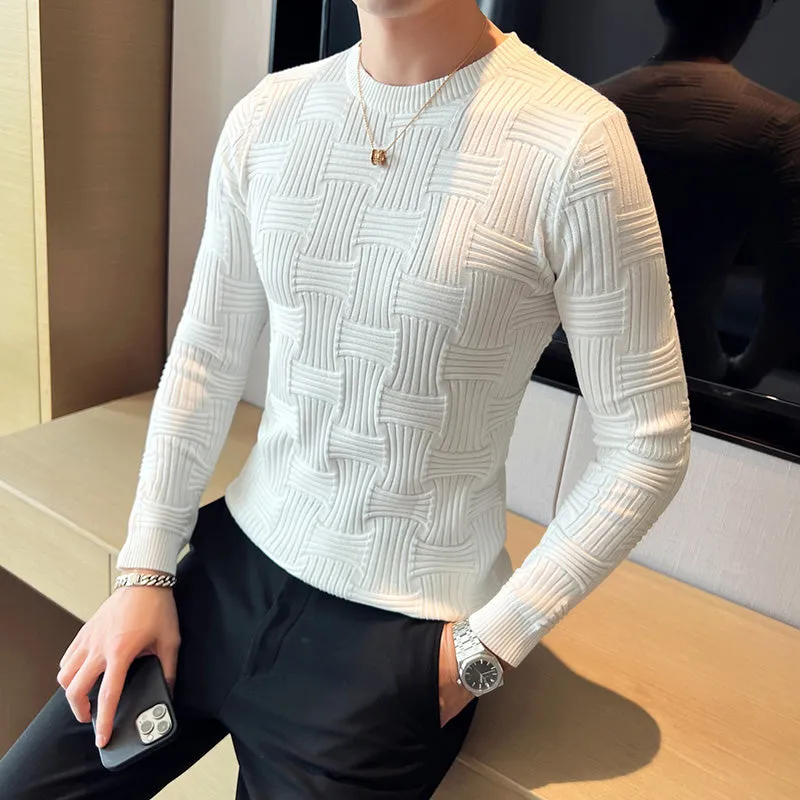 Men's Business Solid Color Striped Sweater Slim Fit Long Sleeve T-Shirt