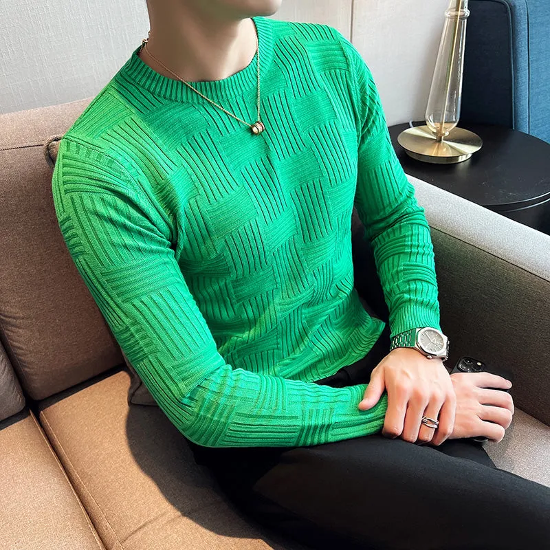 Men's Business Solid Color Striped Sweater Slim Fit Long Sleeve T-Shirt