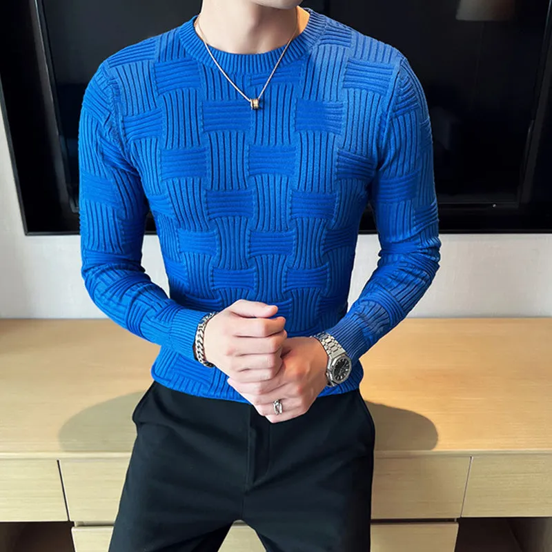 Men's Business Solid Color Striped Sweater Slim Fit Long Sleeve T-Shirt