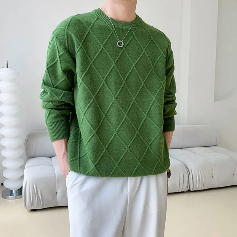 Men's Casual Round Neck Solid Color Plaid Long Sleeve Sweater