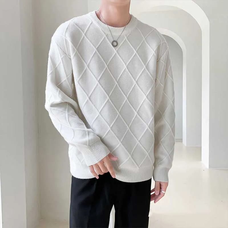 Men's Casual Round Neck Solid Color Plaid Long Sleeve Sweater