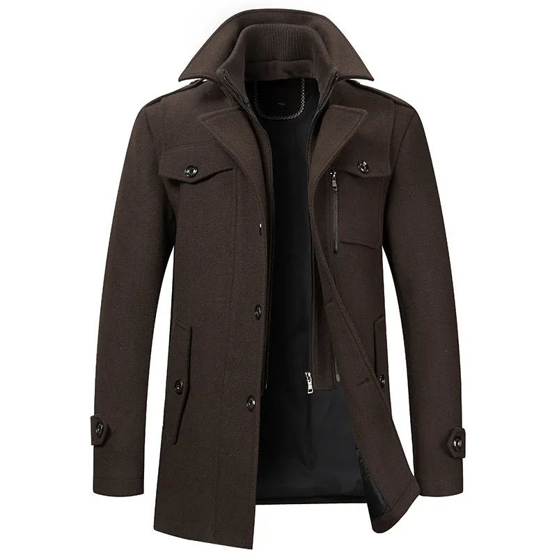 Men's Gentle Layered Collar Single Breasted Quilted Lined Wool Blend Pea Coats