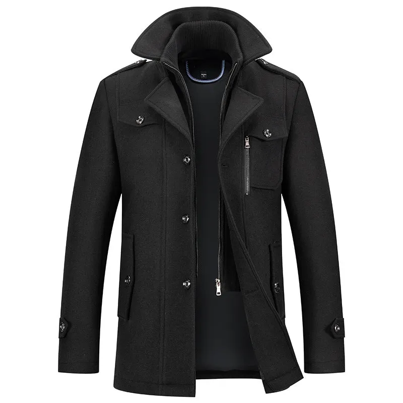 Men's Gentle Layered Collar Single Breasted Quilted Lined Wool Blend Pea Coats