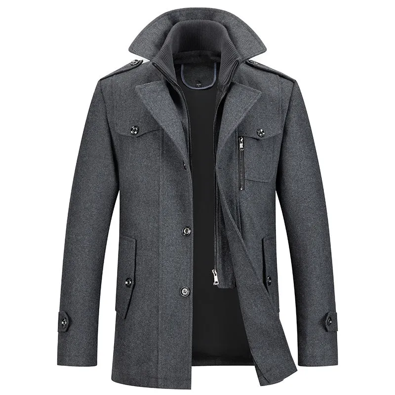 Men's Gentle Layered Collar Single Breasted Quilted Lined Wool Blend Pea Coats