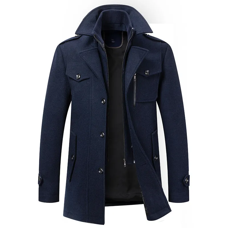 Men's Gentle Layered Collar Single Breasted Quilted Lined Wool Blend Pea Coats