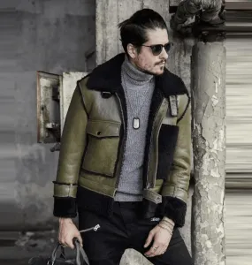 Mens Green RAF Sheepskin Shearling Aviator Jacket