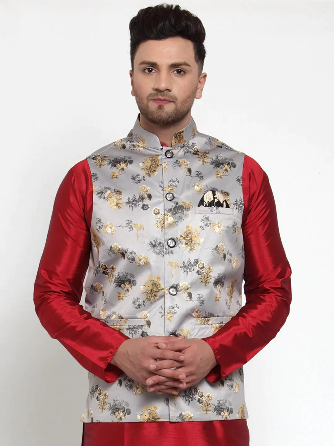 Men'S Grey Printed Nehru Jacket