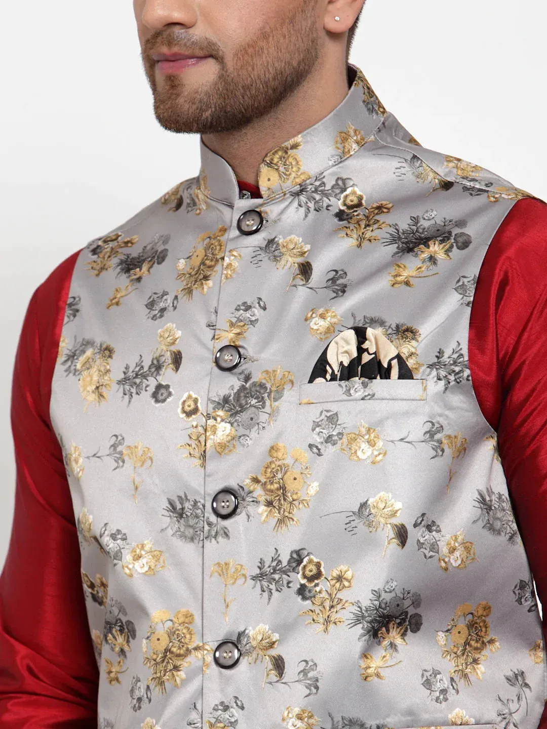 Men'S Grey Printed Nehru Jacket