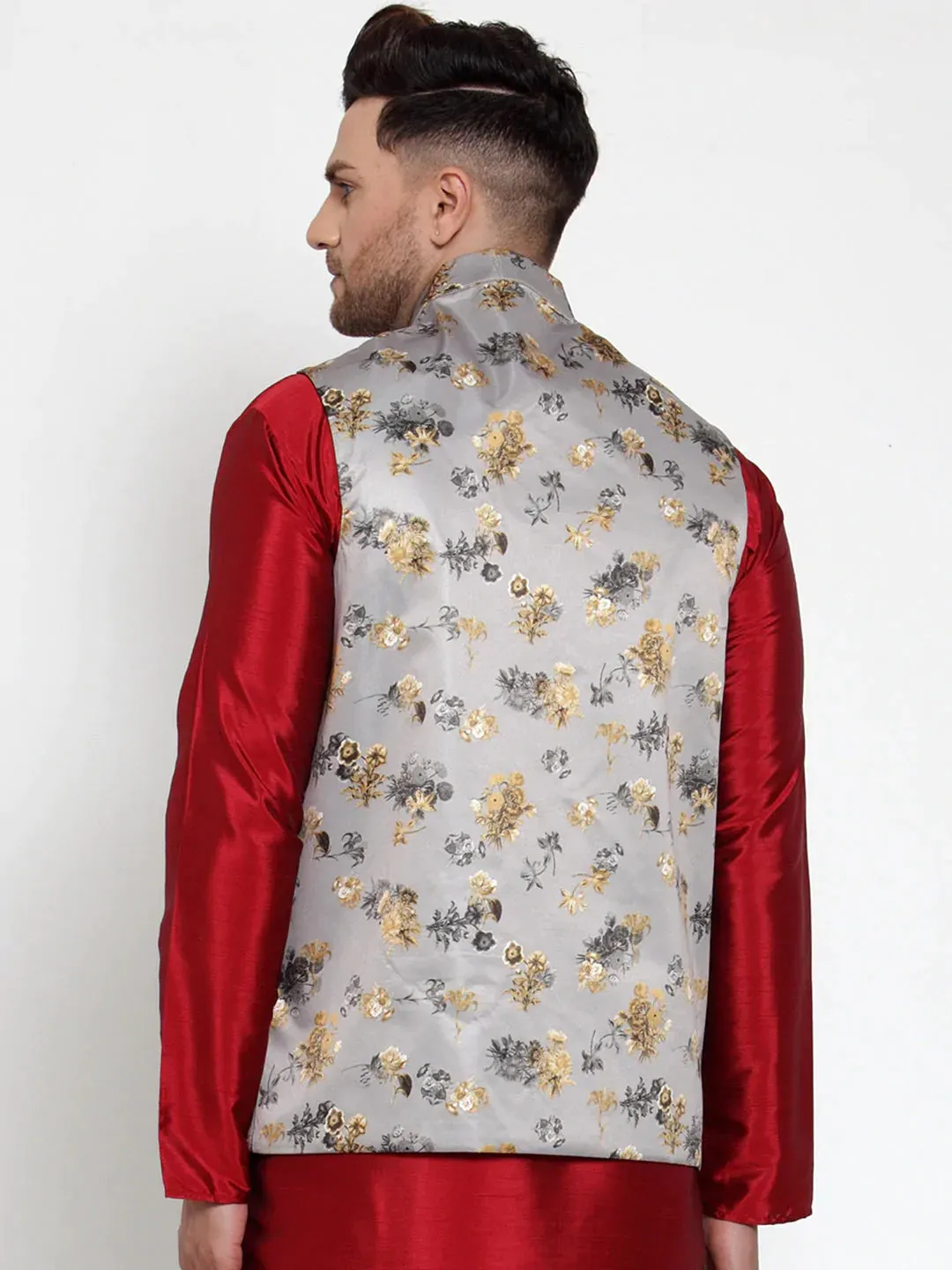 Men'S Grey Printed Nehru Jacket