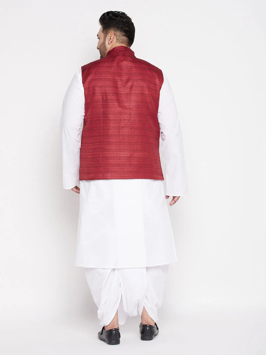 Men's Plus Maroon And White Cotton Blend Jacket, Kurta And Dhoti Set - Vastramay