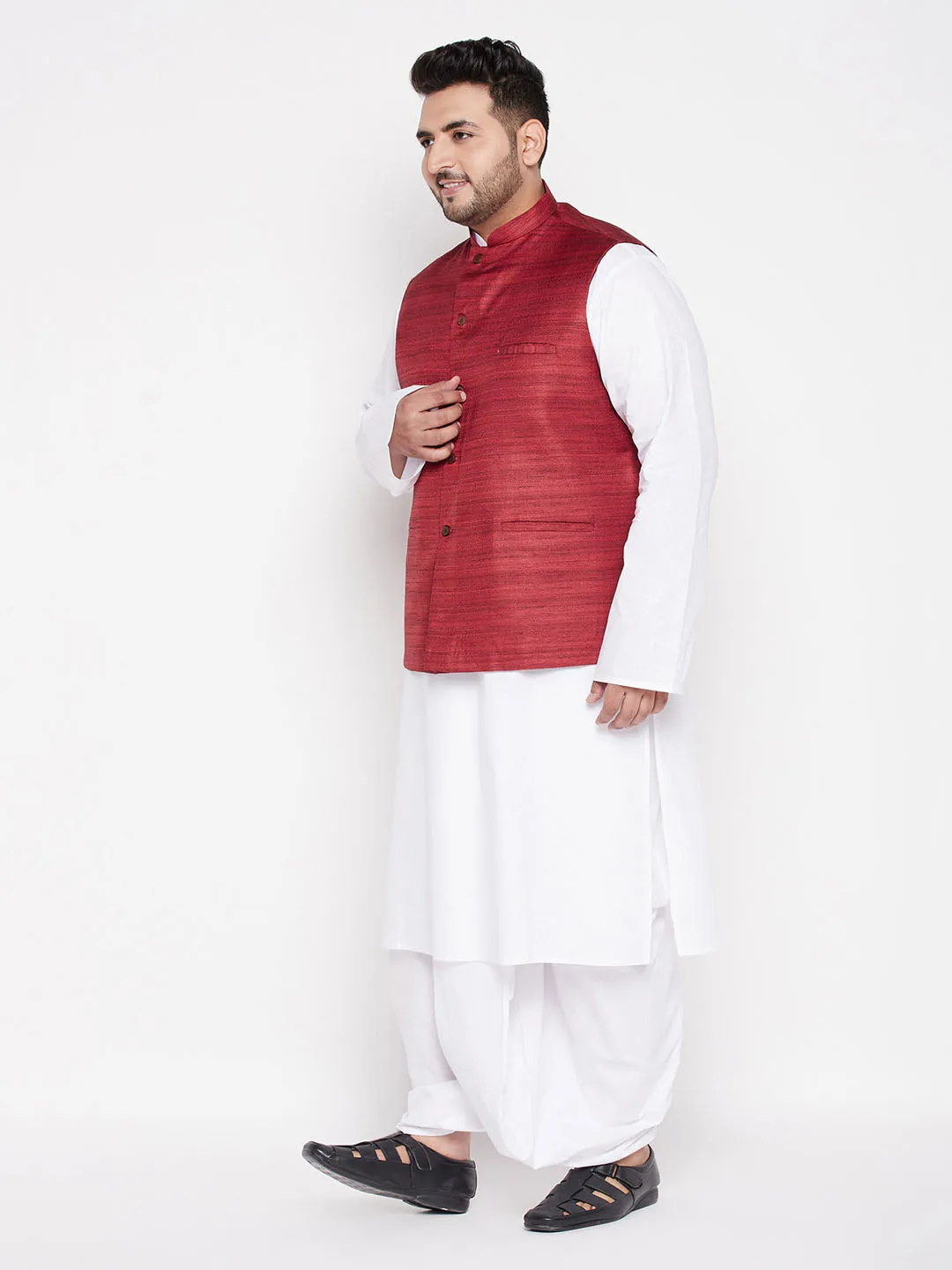 Men's Plus Maroon And White Cotton Blend Jacket, Kurta And Dhoti Set - Vastramay