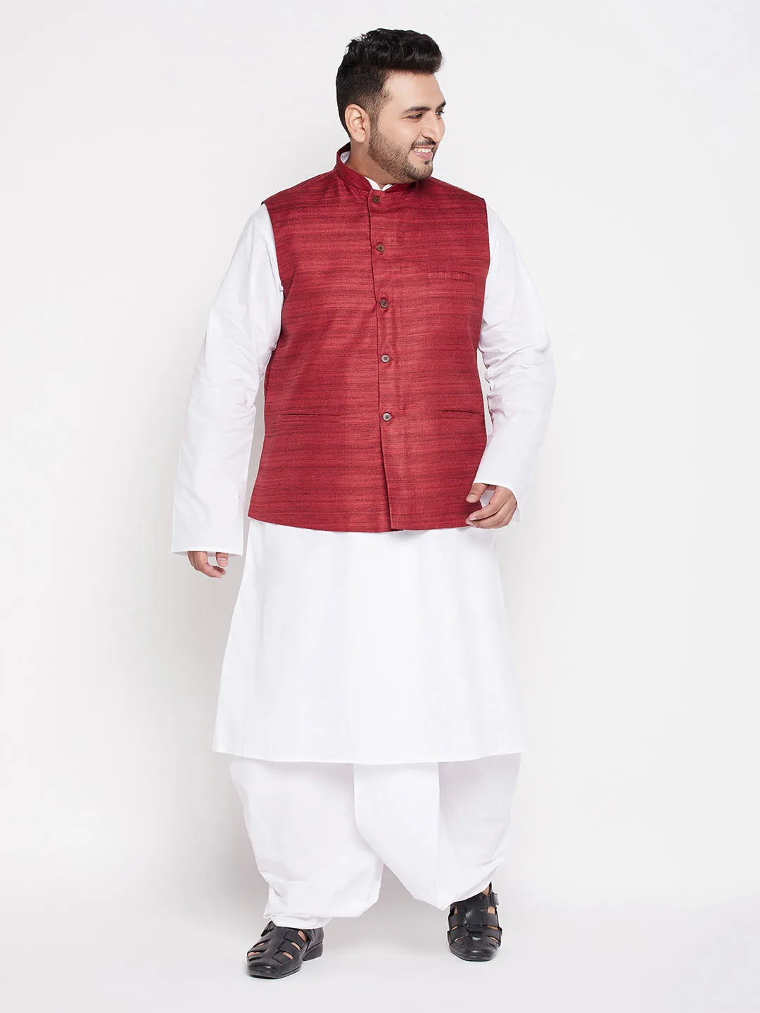 Men's Plus Maroon And White Cotton Blend Jacket, Kurta And Dhoti Set - Vastramay