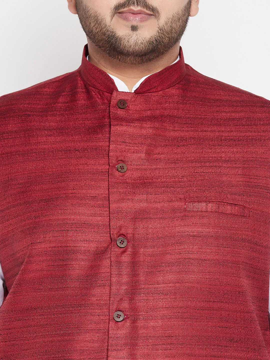 Men's Plus Maroon And White Cotton Blend Jacket, Kurta And Dhoti Set - Vastramay