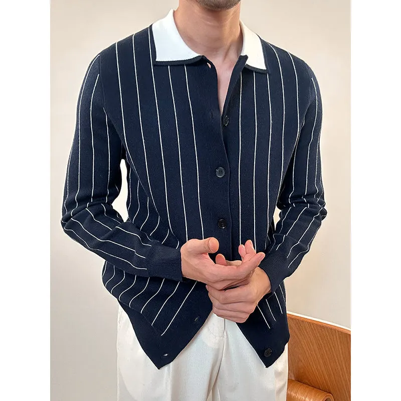 Men's Striped Slim Lapel Business Sweater