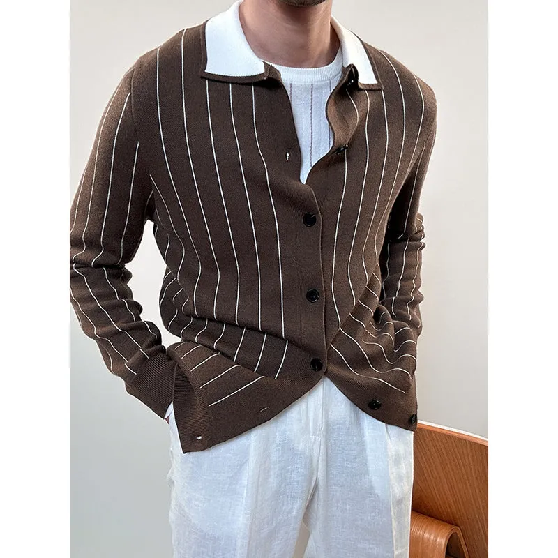 Men's Striped Slim Lapel Business Sweater