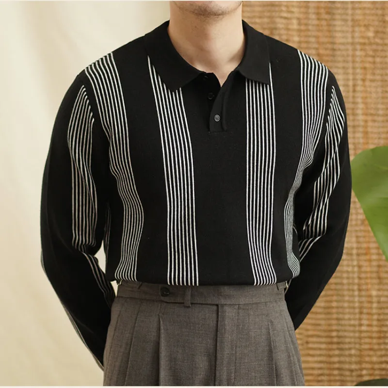 Men's Vertical Striped Colorblock Lapel Sweater