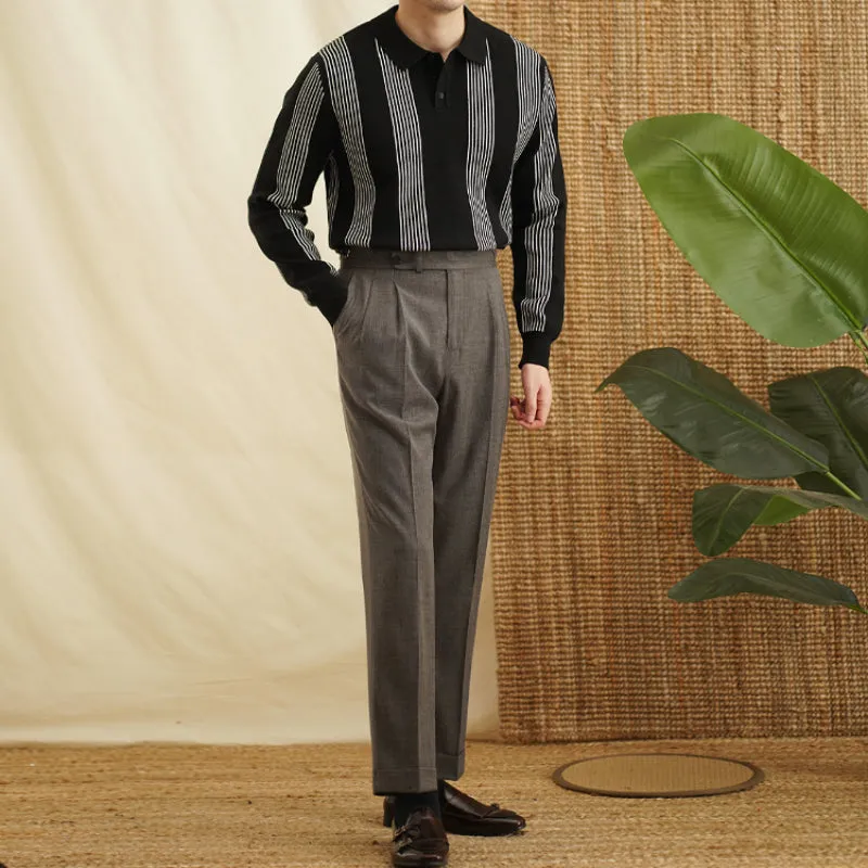 Men's Vertical Striped Colorblock Lapel Sweater