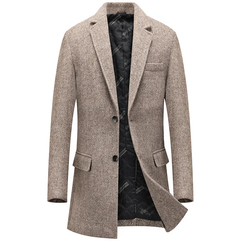 Men's Wool Blend Pea Coat Notched Collar Single Breasted Overcoat Warm Winter Trench Coat