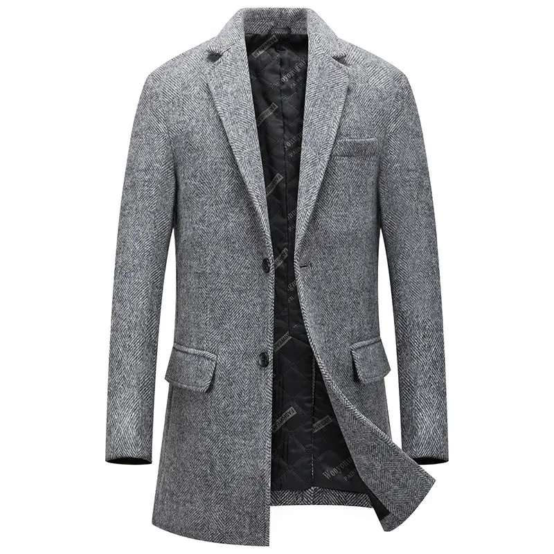 Men's Wool Blend Pea Coat Notched Collar Single Breasted Overcoat Warm Winter Trench Coat