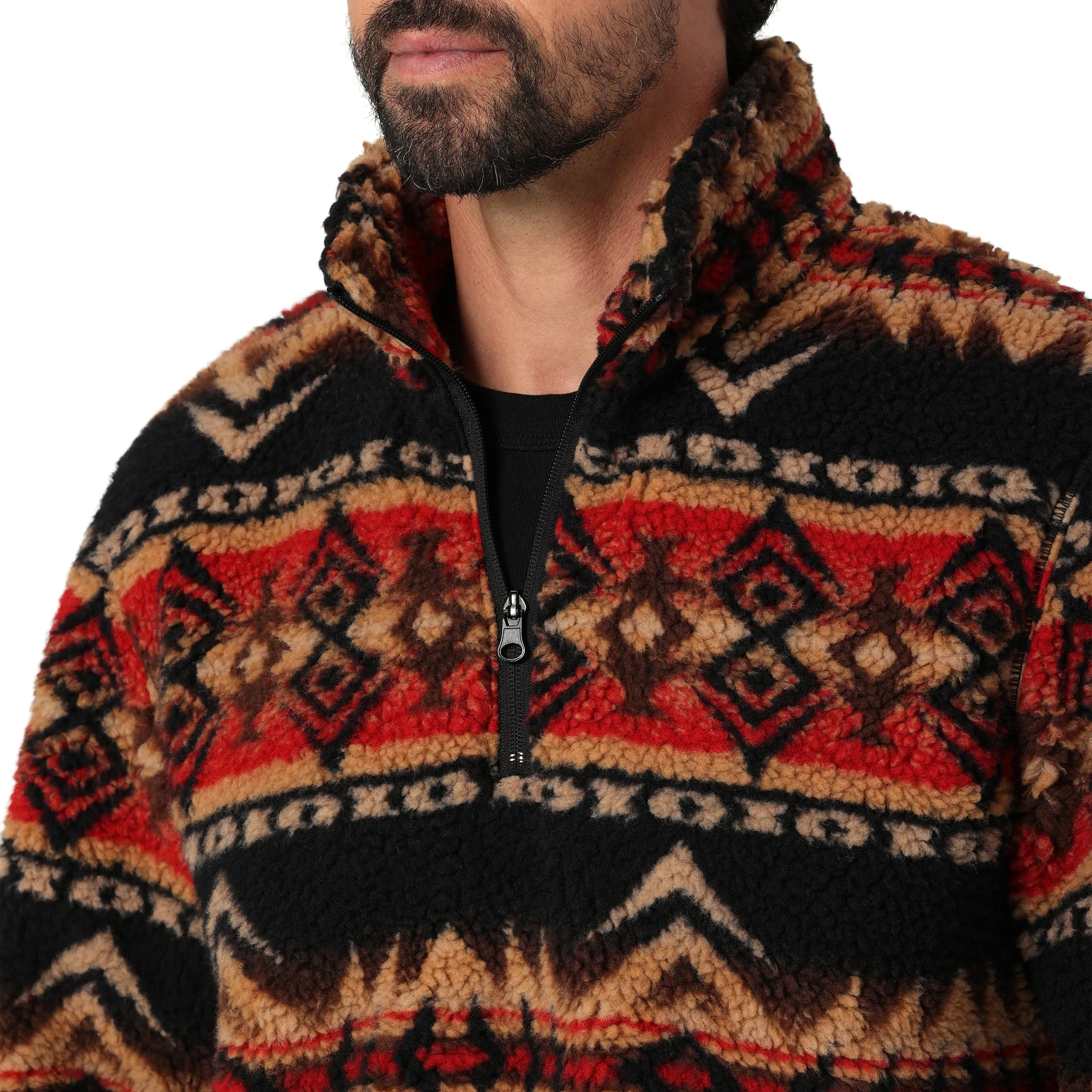 Men's Wrangler Heavyweight Black/Red/Tan Aztec Print 1/4 Zip Sherpa Pullover