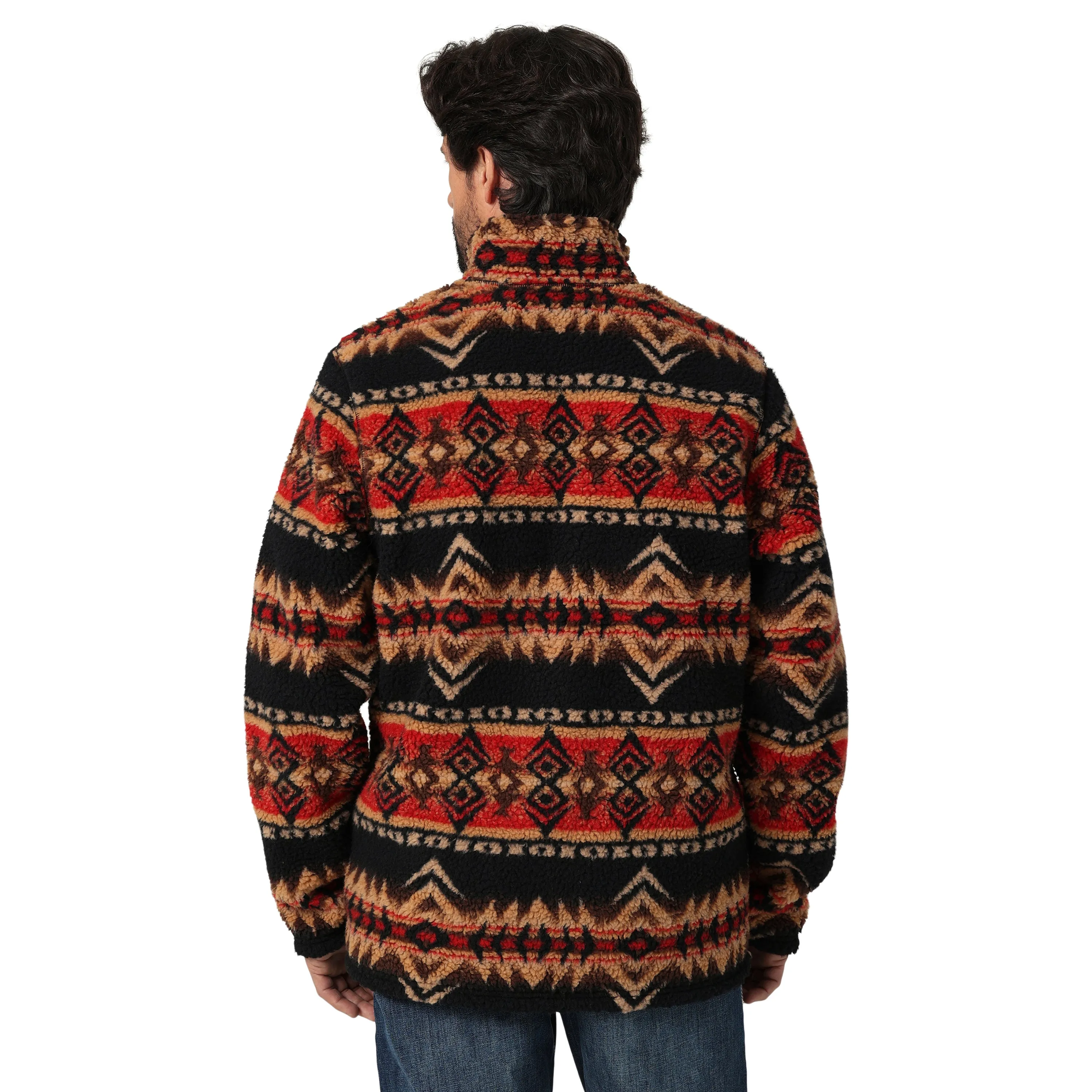 Men's Wrangler Heavyweight Black/Red/Tan Aztec Print 1/4 Zip Sherpa Pullover