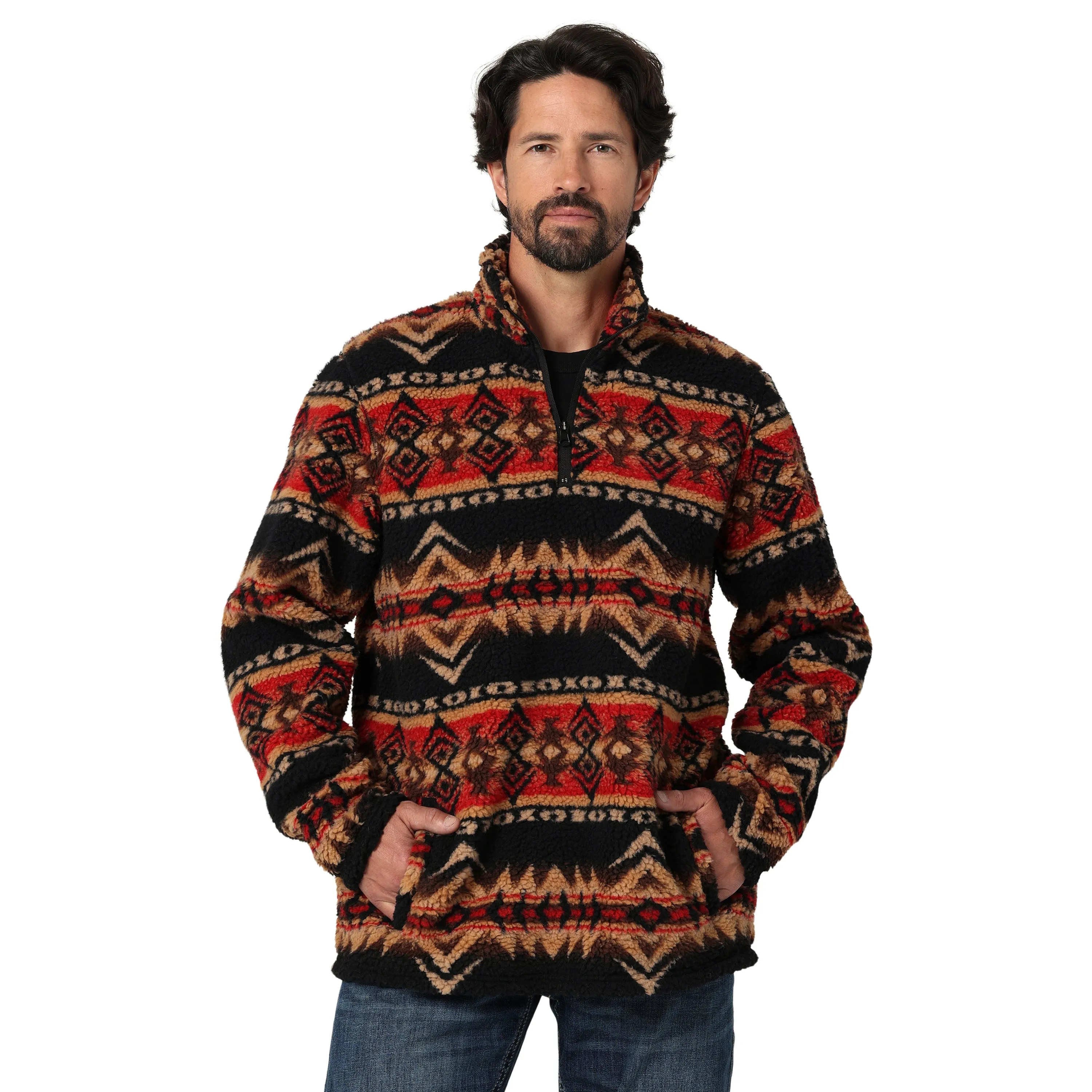 Men's Wrangler Heavyweight Black/Red/Tan Aztec Print 1/4 Zip Sherpa Pullover