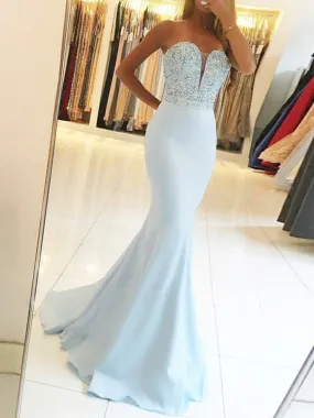 Mermaid Strapless Backless Beaded Light Blue Long Prom, Light Blue Mermaid Formal, Evening