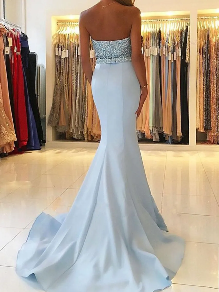 Mermaid Strapless Backless Beaded Light Blue Long Prom, Light Blue Mermaid Formal, Evening