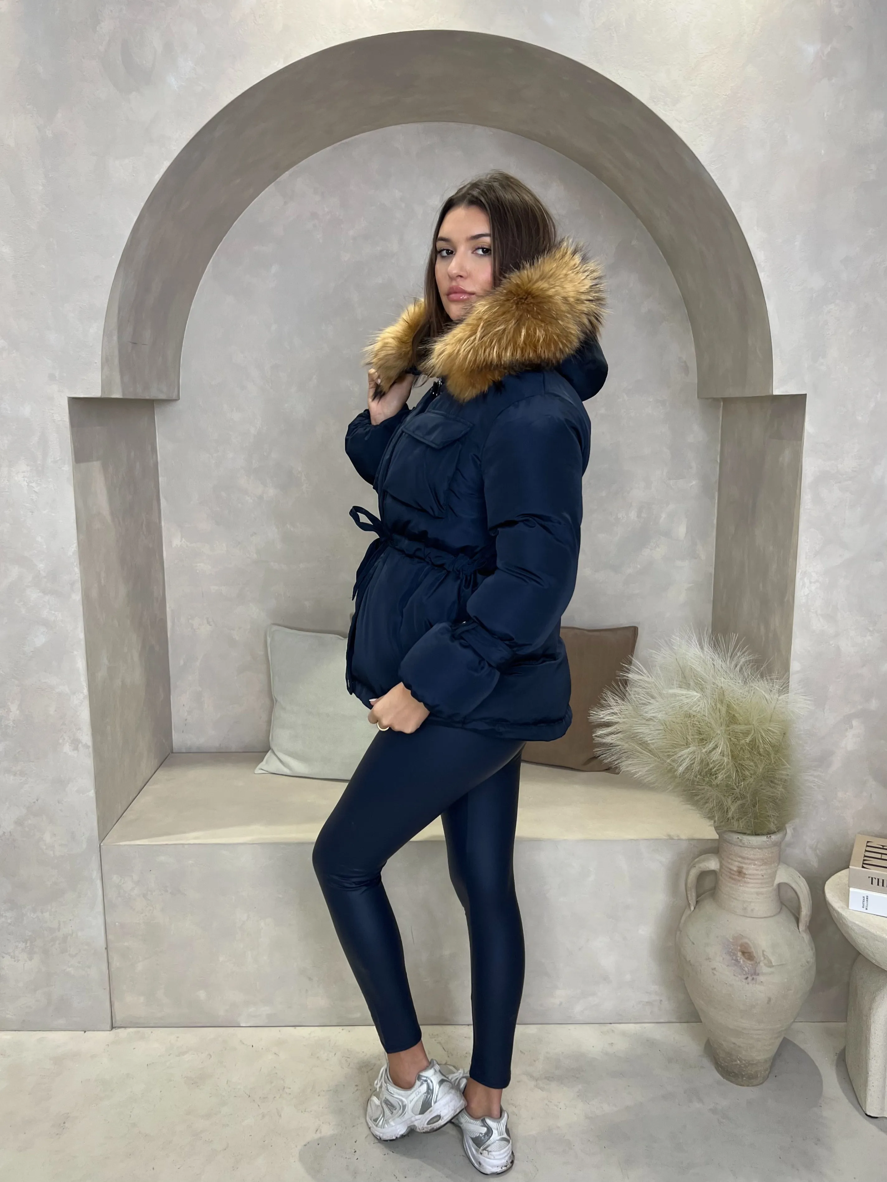 Navy/Natural Drawstring Luxury Fur Padded Belted Coat