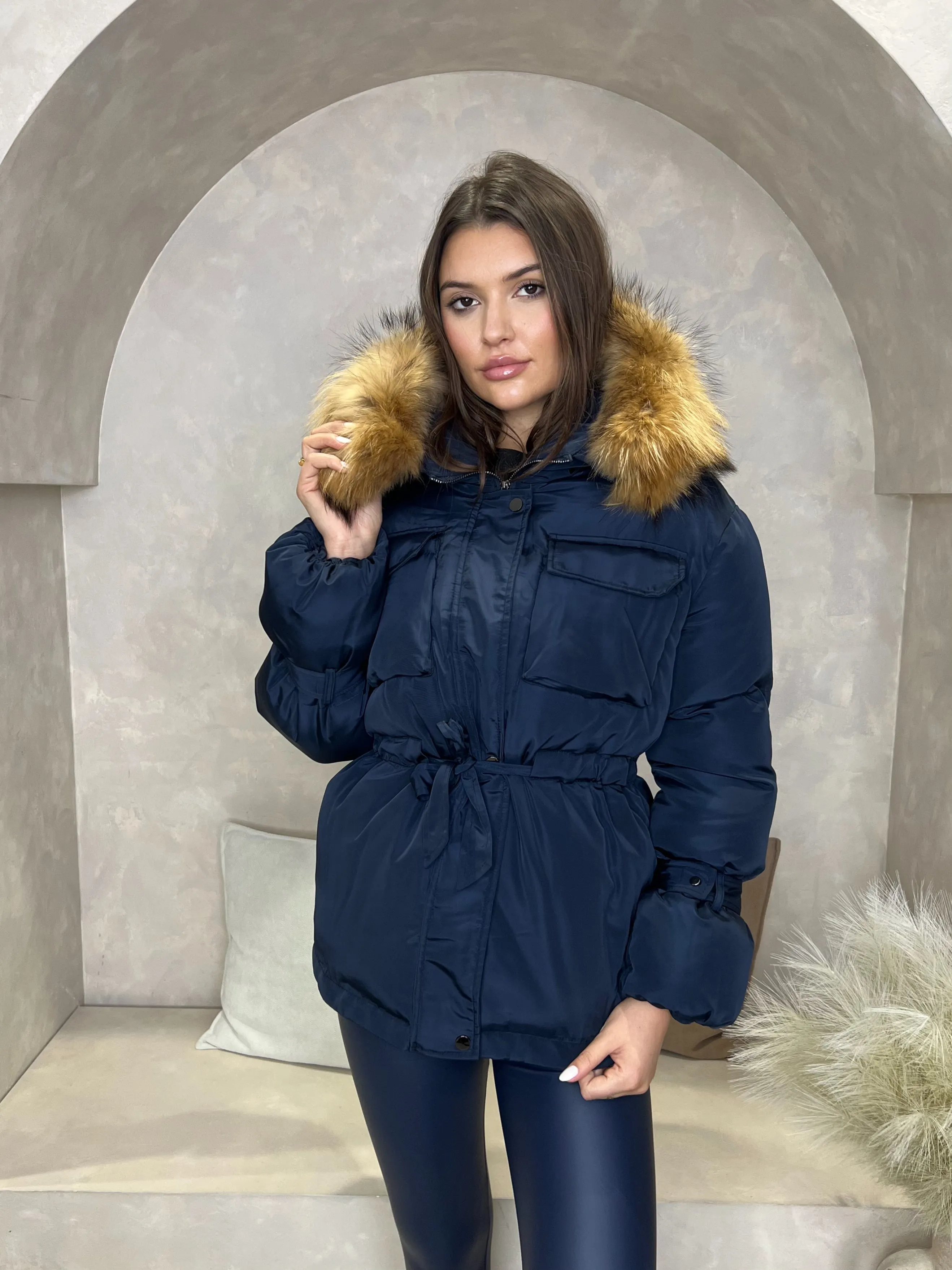 Navy/Natural Drawstring Luxury Fur Padded Belted Coat