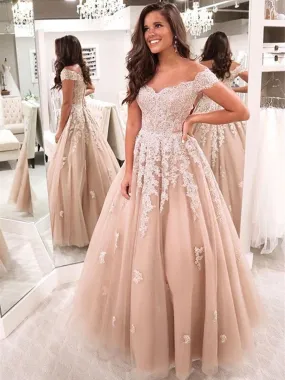 Off Shoulder Lace Long Champagne Prom, Off Shoulder Champagne Formal, Lace Champagne Evening