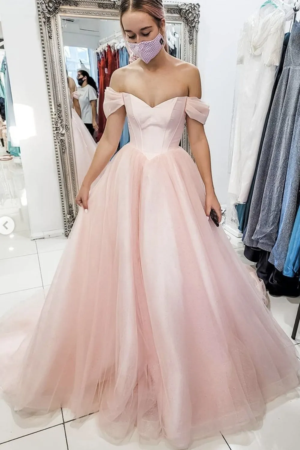 Off Shoulder Open Back Pink Long Prom, Off the Shoulder Pink Formal, Pink Evening