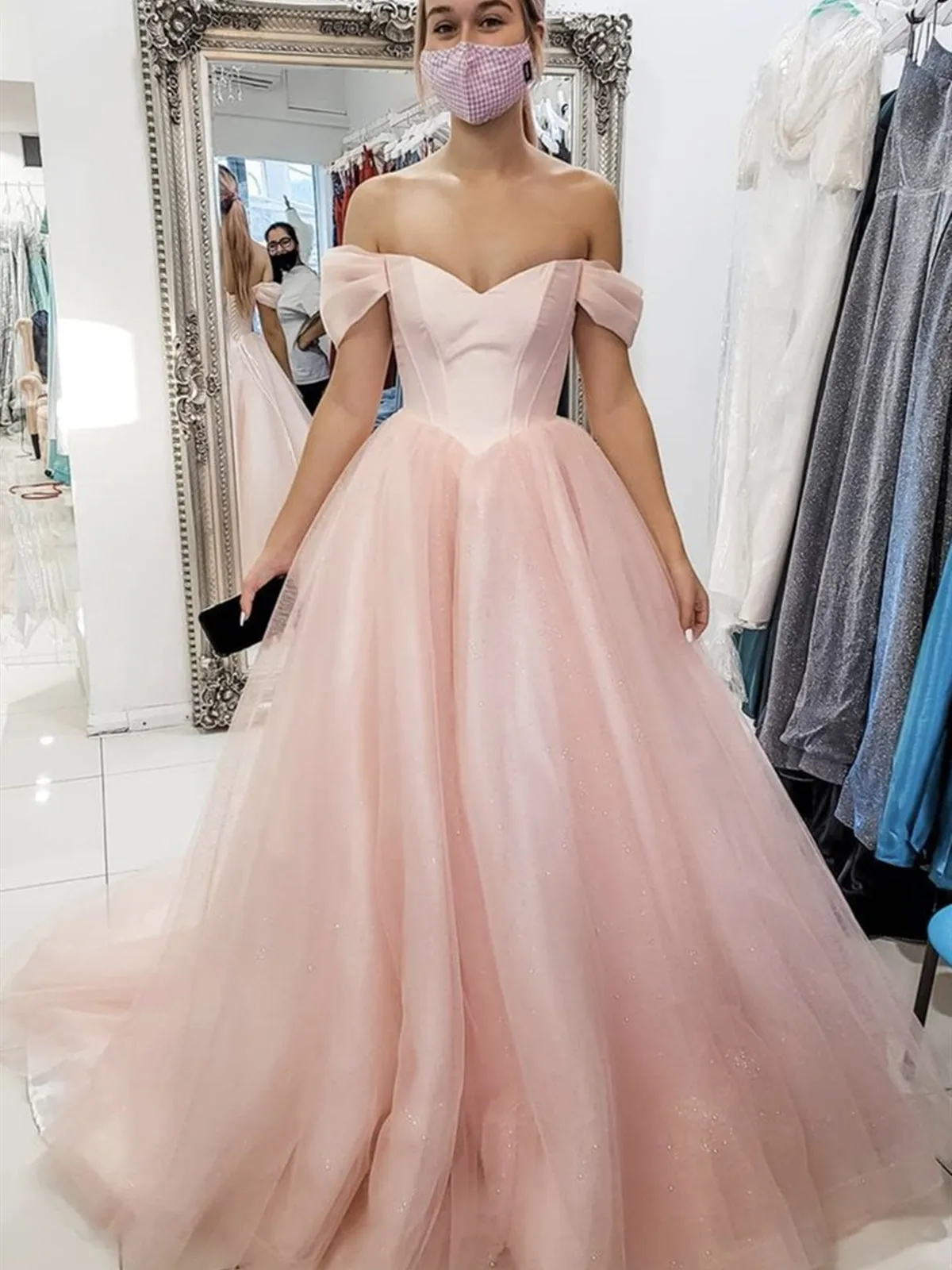 Off Shoulder Open Back Pink Long Prom, Off the Shoulder Pink Formal, Pink Evening