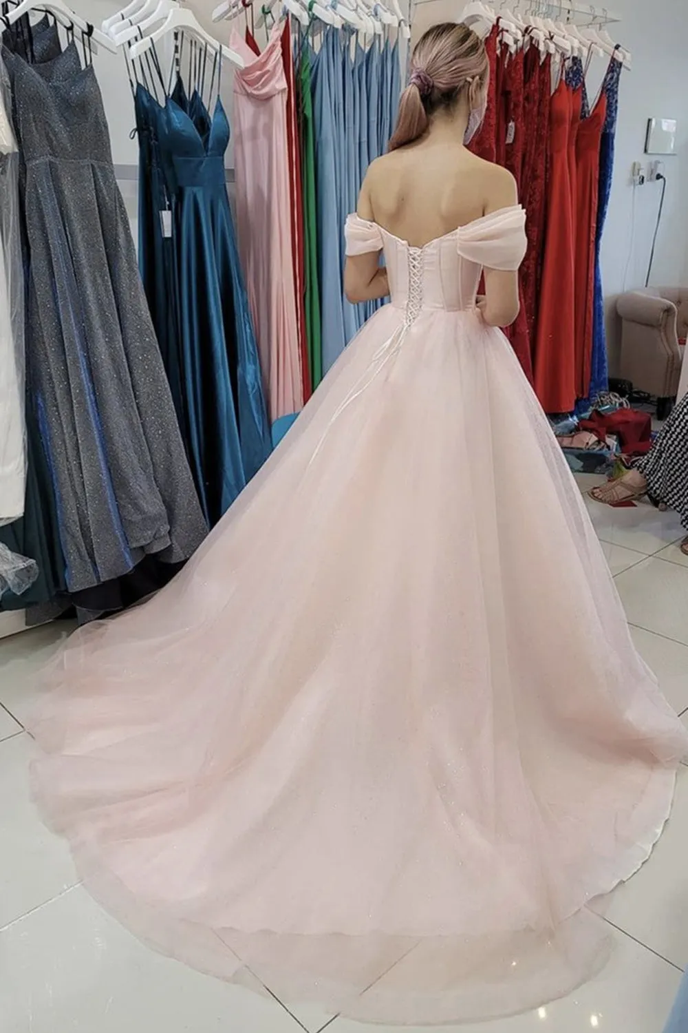 Off Shoulder Open Back Pink Long Prom, Off the Shoulder Pink Formal, Pink Evening