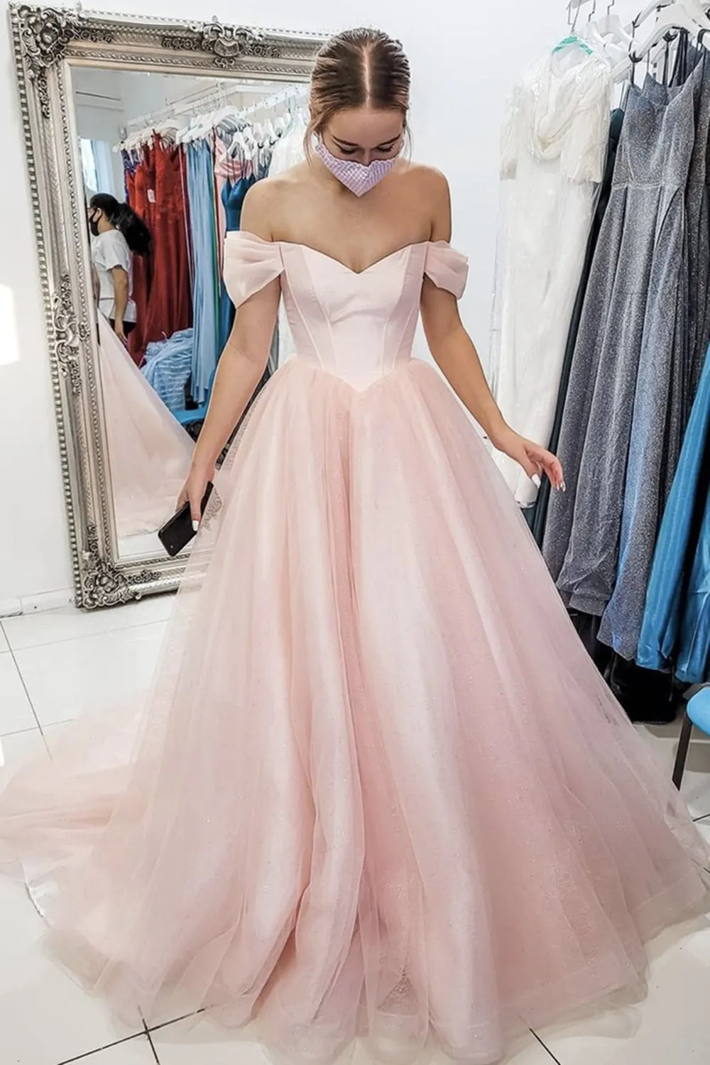 Off Shoulder Open Back Pink Long Prom, Off the Shoulder Pink Formal, Pink Evening