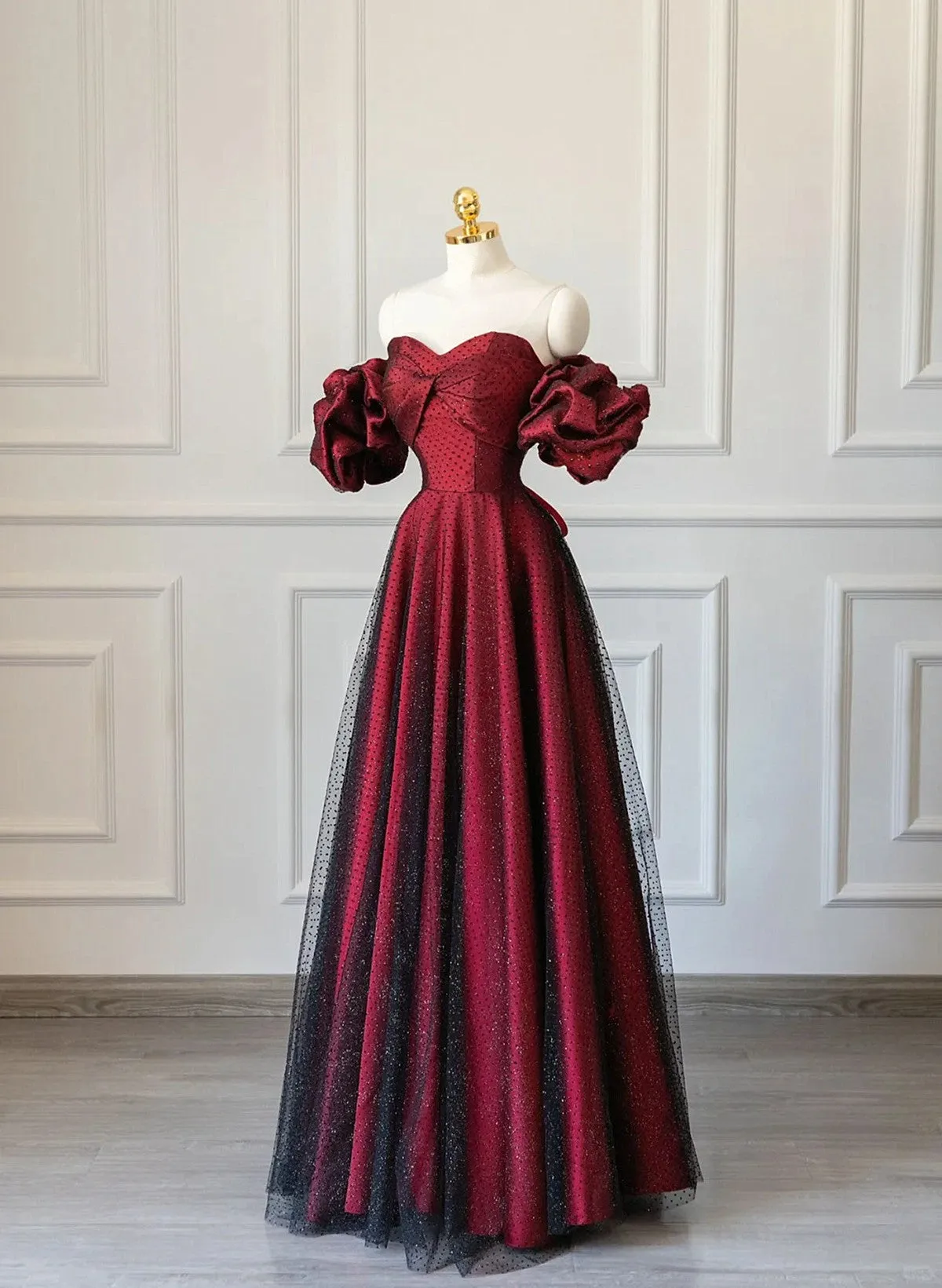 Off Shoulder Wine Red Sweetheart Tulle Prom Dress, A-line Wine Red Evening Dress