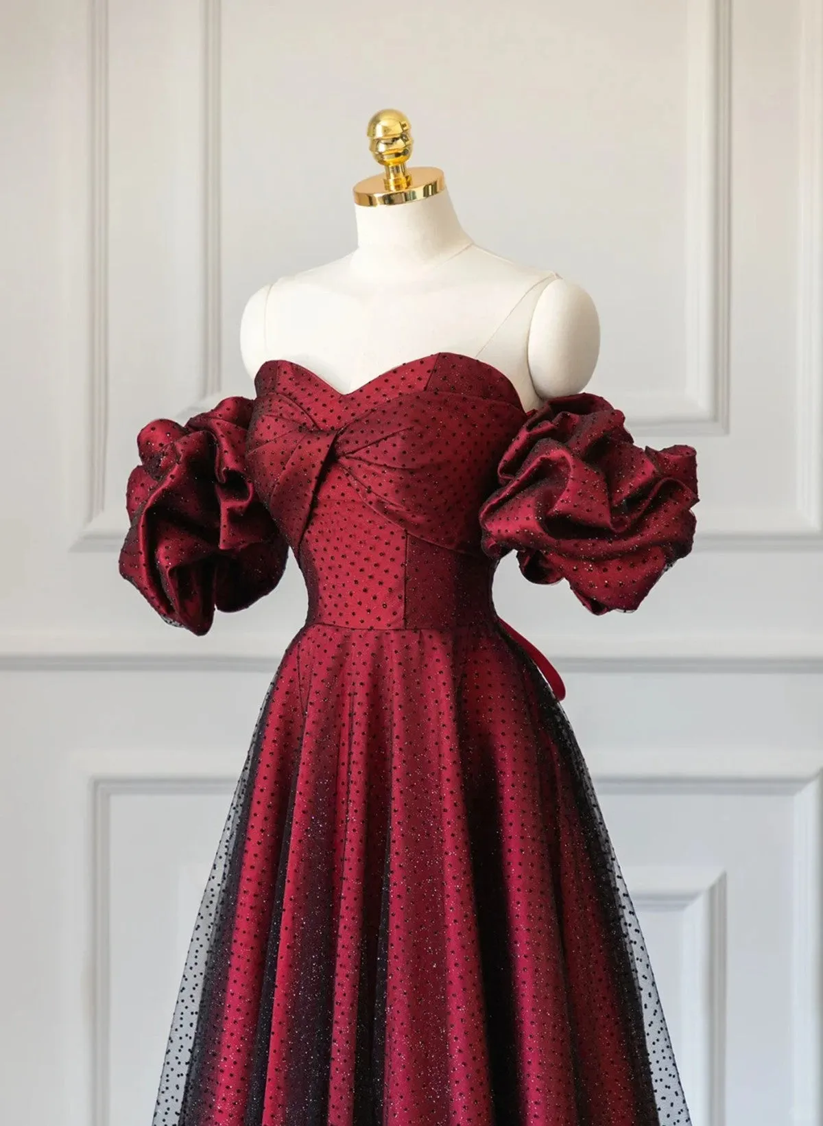 Off Shoulder Wine Red Sweetheart Tulle Prom Dress, A-line Wine Red Evening Dress