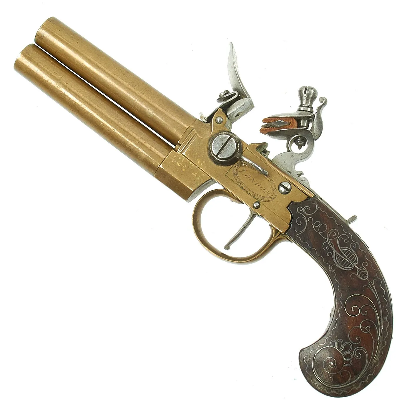 Original British Over & Under Flintlock Double Barrel Brass Tap Action Pistol by Richard of London c. 1780