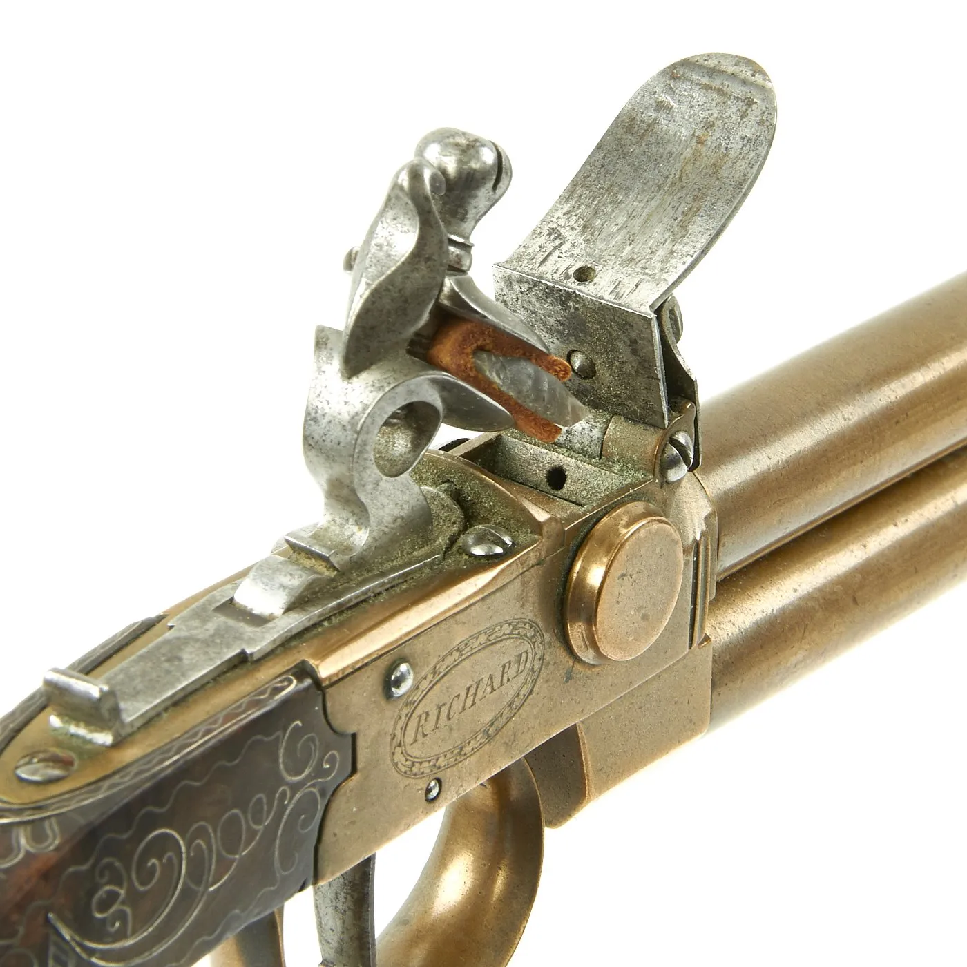 Original British Over & Under Flintlock Double Barrel Brass Tap Action Pistol by Richard of London c. 1780