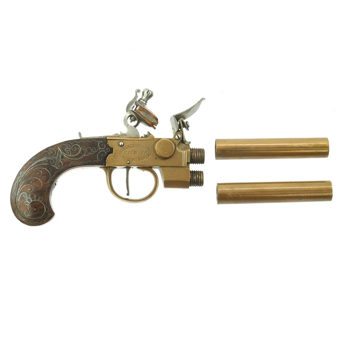 Original British Over & Under Flintlock Double Barrel Brass Tap Action Pistol by Richard of London c. 1780