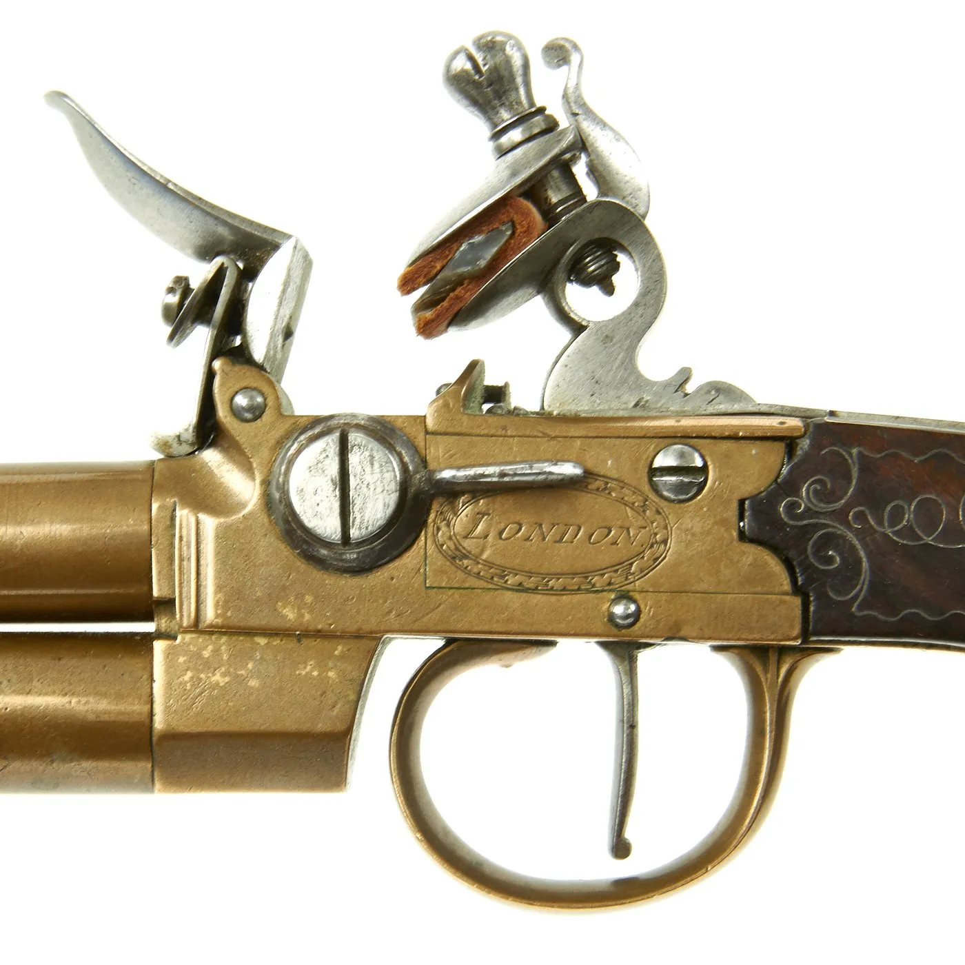 Original British Over & Under Flintlock Double Barrel Brass Tap Action Pistol by Richard of London c. 1780